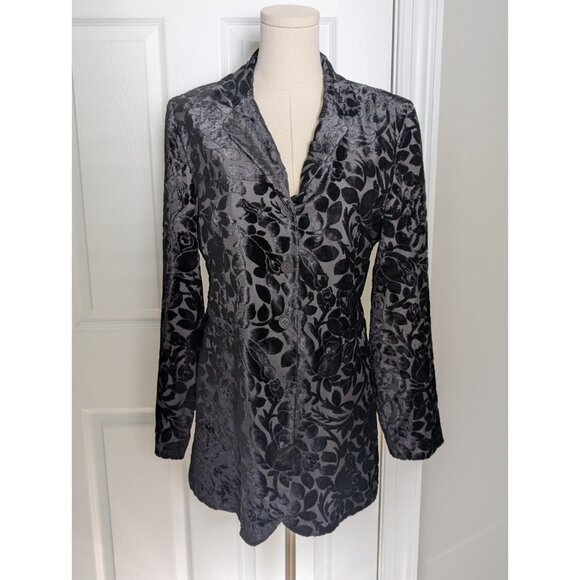 GASTON JAUNET VTG Black Velvet Burnout Long Blazer Cardigan Sz M Witchy Goth - Picture 1 of 11